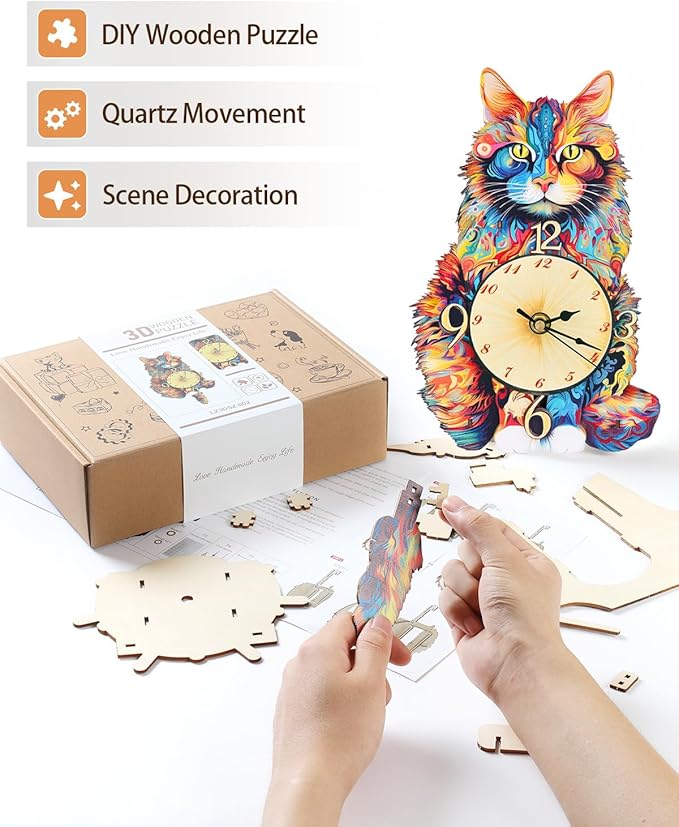 3D Wooden Puzzles for Adults, Maine Coon Cat Clock DIY Kit, Beginner 22 Pcs Wooden Puzzles, Creative Gift Ideas for Adults Teens