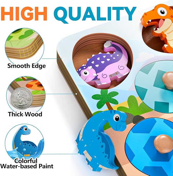 Wooden Puzzles for Toddlers 1-3, Montessori Toys for 1 2 Year Old Boy Birthday Gifts, Dinosaur Matching Eggs Peg Puzzles for Toddlers Age 2-4, Preschool Learning Activities for Girls