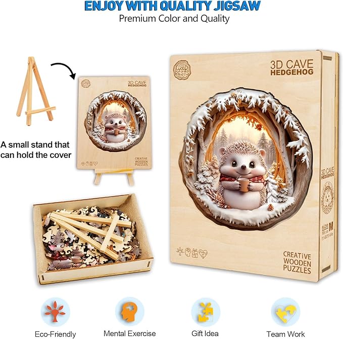 Wooden Puzzles for Adults, Cave Hedgehog Puzzles with 3D Visual Effect, Puzzles Gifts for Women Men, Wood Adults Puzzles (M-11.4 * 11.4in 195pcs)