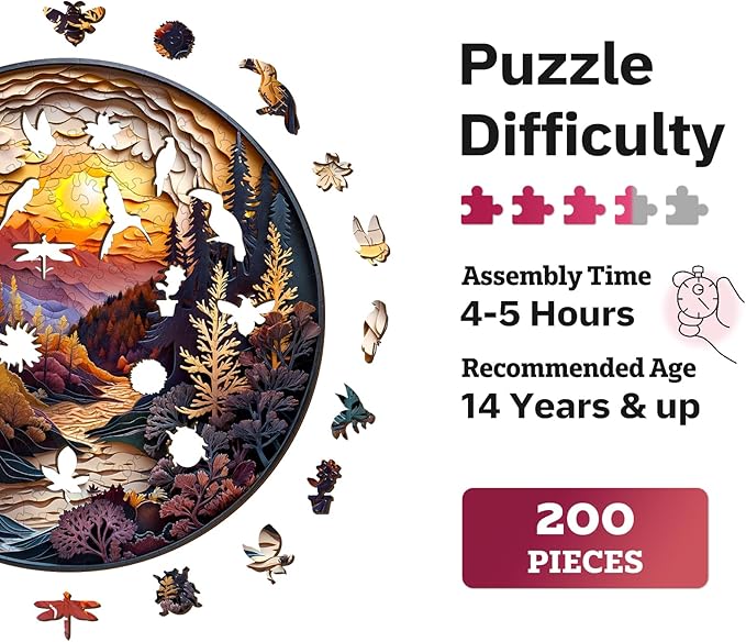 Jigfoxy Wooden Puzzles for Adults, Visual 3D Sunset Forest Wood Puzzles Adult, Unique Animal Shape Wooden Jigsaw Puzzles for Adults, Birthday Gifts for Puzzle Lovers, Family (M-11.4 * 11.4in-200pcs)