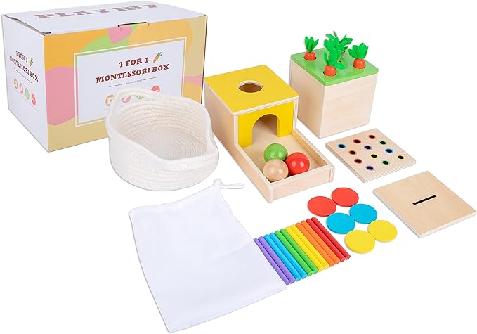 Montessori Toys for 1+ Year Old Babies - 4-in-1 Play Kit Includes Carrot Harvest Game, Infant Coin Box, Fine Motor Skills Toys and Object Permanence Box