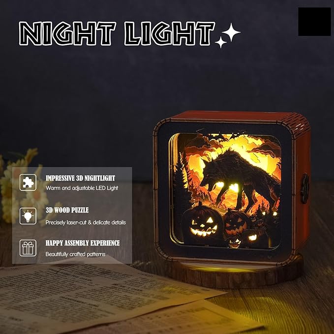 3D Puzzle Nightlight-DIY LED 3D Halloween Wolf Light Wooden Jigsaw Puzzle-Art Lamp and Craft Kits for Kids and Adults-Birthday Gifts Toys-Home Desk Decor Family Game