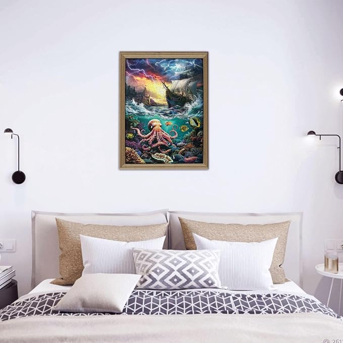 Premium 500 Piece Jigsaw Puzzle for Adults Marine Pirate Shipoctopus Puzzle Octopus Ocean Sea World Octopus Pirate Ship Treasure Large Best New Marine Artwork Puzzle Game Gift