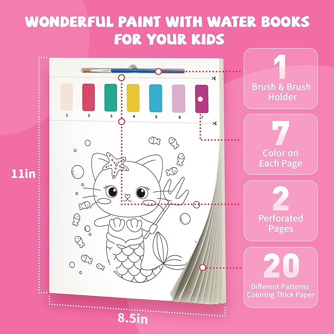 Paint with Water Books for Kids, Unicorn Watercolor Paint Book Set for Kids,Toddlers Water Color Coloring Painting Drawing Set,Mess Free Toys Gifts for Girls Age 3 4 5 6 7 8