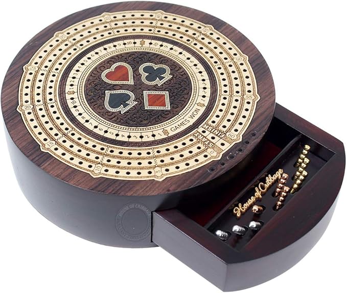 House of Cribbage - Round Shape 3 Track Non-Continuous Cribbage Board - Push Drawer Storage for Pegs and 1 Deck of Cards with Score Marking Fields for Won Games (Rosewood/Maple Wood)