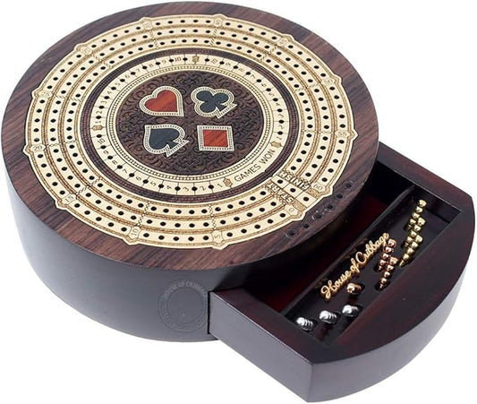 House of Cribbage - Round Shape 3 Track Non-Continuous Cribbage Board - Push Drawer Storage for Pegs and 1 Deck of Cards with Score Marking Fields for Won Games (Rosewood/Maple Wood)
