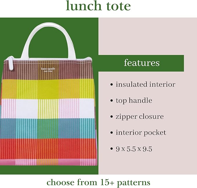 Kate Spade New York Portable Soft Cooler Lunch Bag with Silver Insulated Interior Lining and Storage Pocket, Rainbow Plaid