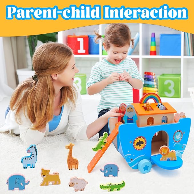 Wooden Noah's Ark Toy Baptism Gifts for 1 2 3 4 Years Old Baby Boy and Girl Montessori Educational Toy for Toddlers with Bible Story Animal Shape Sorter
