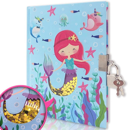 GINMLYDA Girls Diary with Lock for Kids, Mermaid Diaries 7.1x5.3 160 Pages Cute Girl Journal Secret Notebook with Lock and Key for Little Kid Writing Drawing Gift for Pre school Age 6,8,12