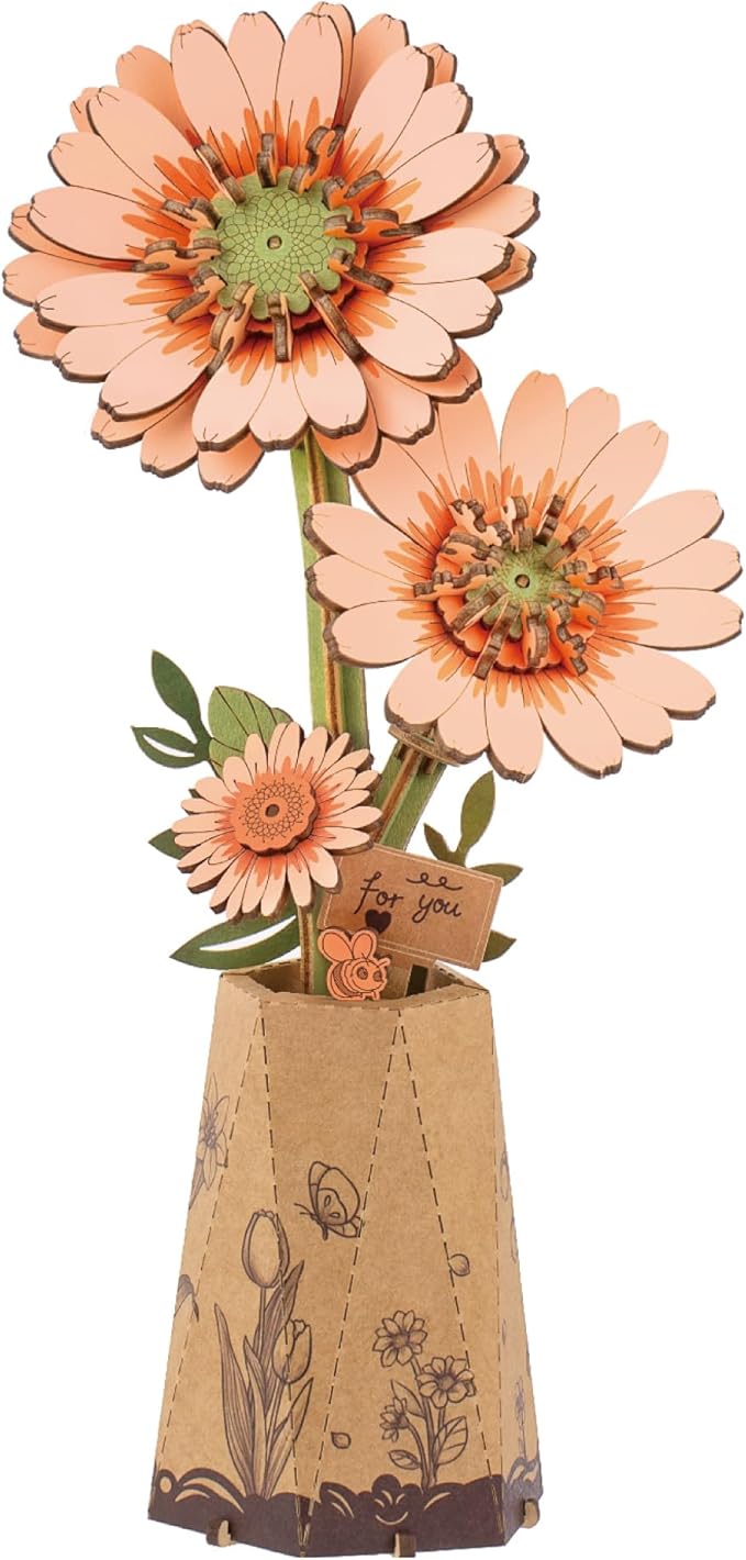 rowood 3D Puzzles for Adults,DIY Wooden Flower Building Craft Kits for Women,Christmas/Birthday Gift- Orange Gerbera Daisy
