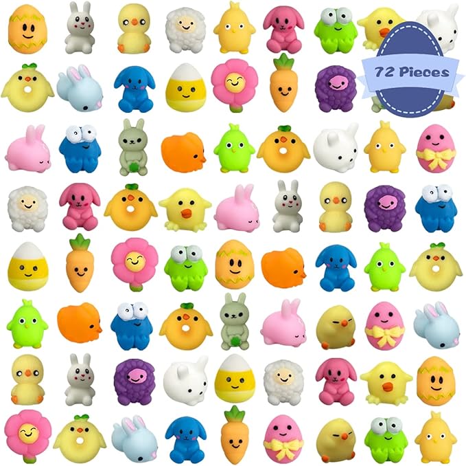 72 PCS Easter Mochi Squishy Toys Stress Relief Squishies for Kids Boys Girls Toddlers Easter Basket Stuffers Egg Fillers Gifts Party Favors