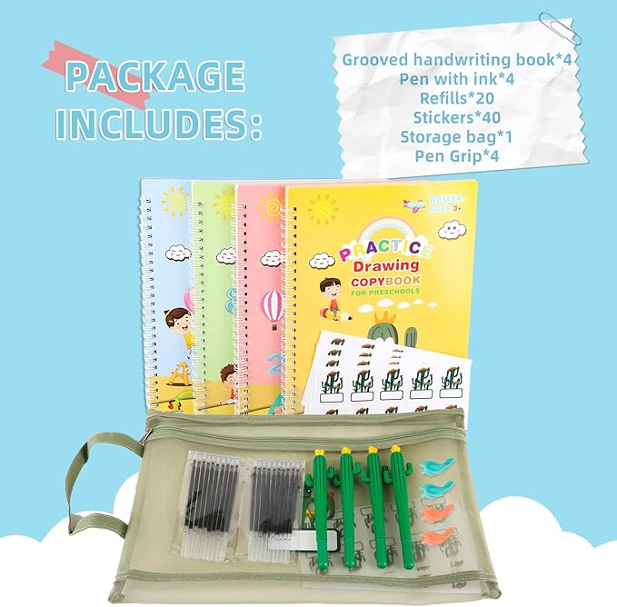 Grooved Handwriting Book Practice, Magic Copybooks for Kids Reusable Handwriting Practice Set, Preschool Calligraphy Workbook with a Storage Bag for Easy Use(Large Size)