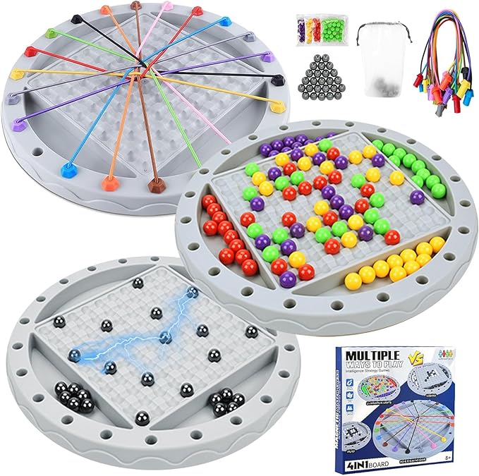 3 in 1 Board Games, 5-in-eine-Reihe-Spiel & Magnetic Chess & Rope Untangling Puzzle Game, 40 Pcs Stones, 60 Perlen, 10 String & Portable Storage Bag, Multi-Level Challenges Use for Kids Adults