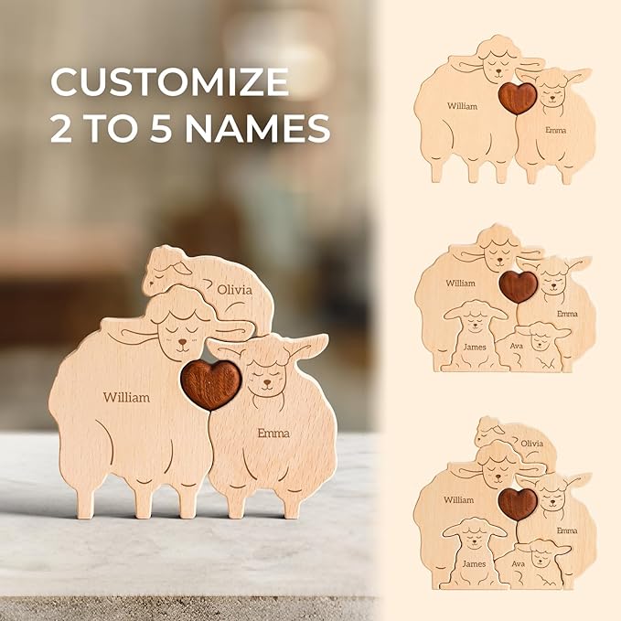 Wooden Goats Family Puzzle, Personalized Puzzles with 2–5 Names, Mothers Day Birthday Personalized Gifts for Mom Dad Kids Teen Boys Girls Grandma, Toddler Men Thanksgiving Gifts