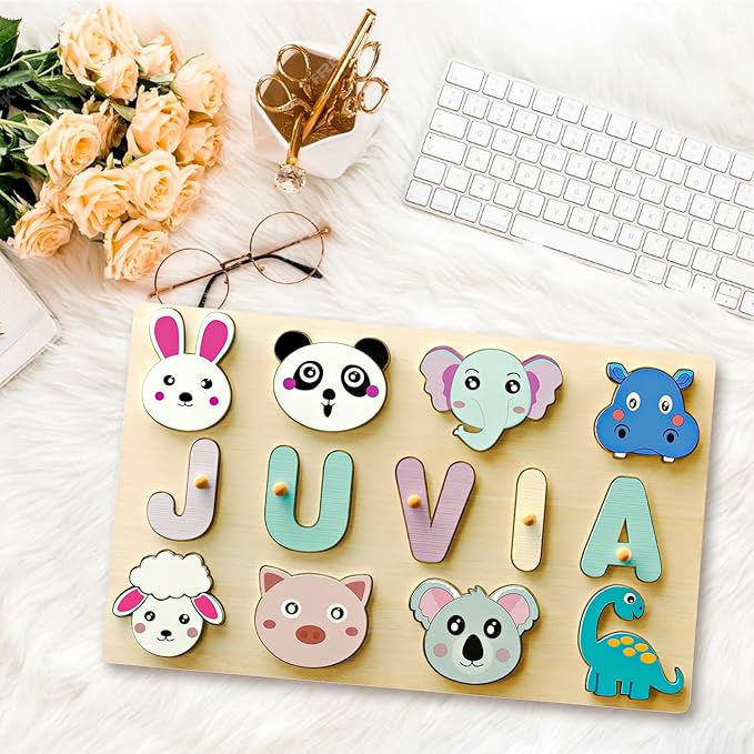 Personalized Name Puzzle | Custom Name Puzzles | Montessori Toys for 1 Year Old | Customized Baby Gifts for Toddlers 1-3 Animal Puzzle (Stlyes 1)