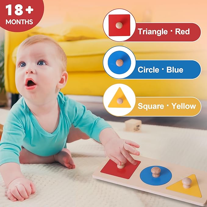 Montessori Wooden Color Shape Sorting Puzzle for Kids, Multiple Geometric Peg Puzzles with Jumbo Knob for 18+ Months Baby, Preschool Shape Sorter Montessori Learning Toys (3 Pieces)