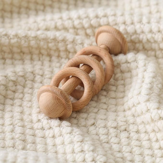 Wooden Baby Rattle, Newborn Wooden Rattle Toy, Natural Wooden Montessori Baby Grip 3 Ring Toy, Baby Gift Toy, Wood Rattle-2
