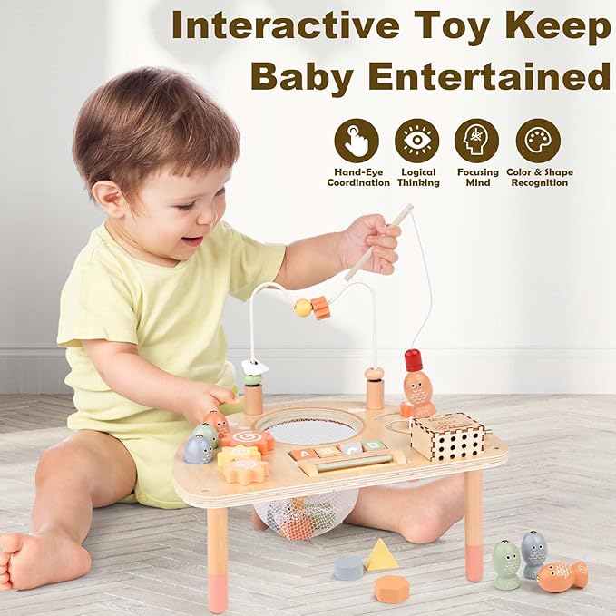 Activity Table for 1 Year Old, Montessori Toys for 1 2 Year Old Girls Boy Gifts, 8 in 1 Wooden Sensory Play Table for Toddler 1-3, Learning Toys for Baby 12-18 Months 1st Christmas Birthday Gifts