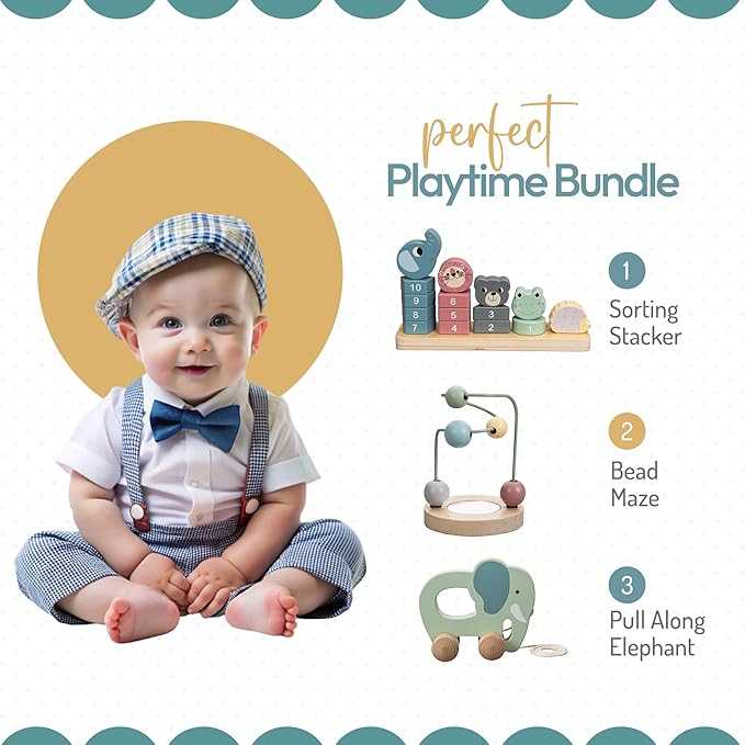 ELLIANI Montessori Toys for 1 Year Old - 3-in-1 Wooden Toy Set, Stacking Toys for Toddlers 1-3 with Bead Maze & Pull Toy, Baby Gender Neutral Gifts