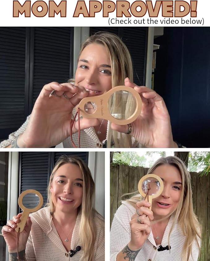 Adventure Set - 2X Wood Magnifying Glass for Kids with 4 Pictures - Wooden Montessori Toy - Learn and Explore