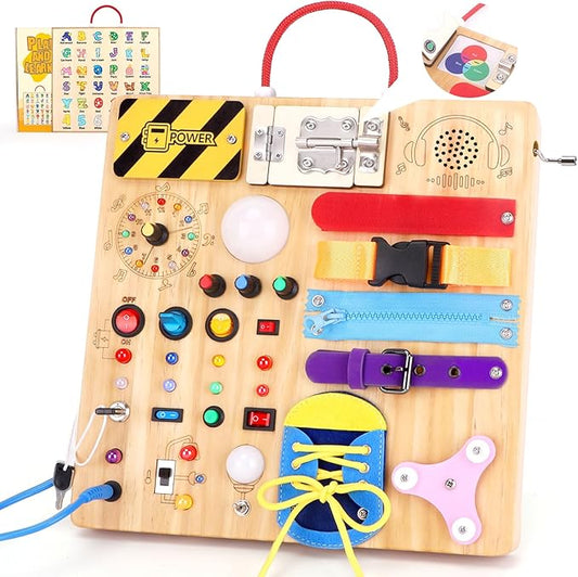 23 in 1 Busy Board Montessori Toys for 1-3 Year Old Wooden Learning Educational Toy for Toddlers with 15 Switches, 26 LED Lights, Music Boxes, Locks,Zippers Toddler Sensory Toys for Soothing A Baby