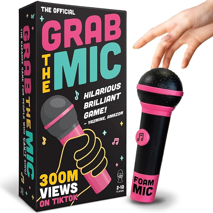 Lucky Egg Official Grab The Mic – Family Karaoke Board Game w/Foam Mic, 8+ Ages, 2-10 Players - Games for Bad Singers w/ 250 Lyrics (125 Cards) for Hilarious Game Nights & Birthday Party, Kids Gift