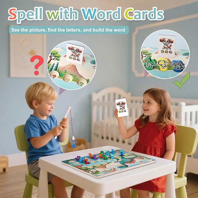 Wooden Dinosaur Magnetic Fishing Game for Toddlers Ages 3-5 with 2 Pods, ABC Alphabet Learning Toy with Spelling Cards, Preschool Educational Montessori Toys, Gift for Boy Girl