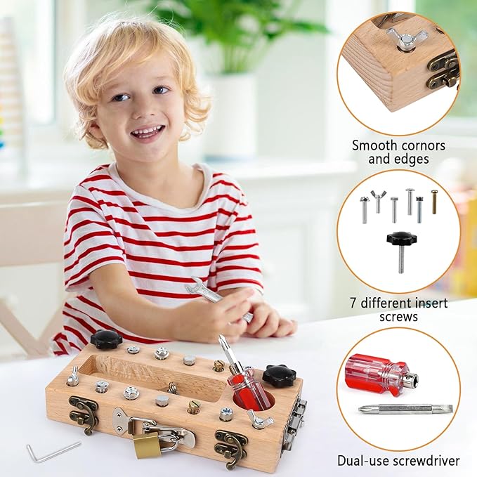 Screwdriver Board Set - Montessori Toys for 3 4 5 Year Old with Lock and Key, Wooden Sensory Toddler Screwd Tool Set