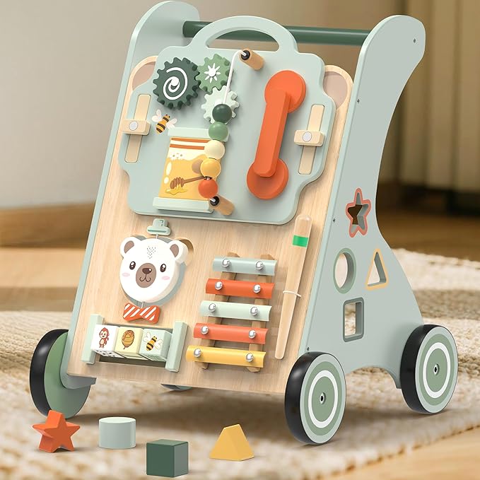 Wooden Baby Walker, Adjustable Speed Baby Push Walker for 1 Year Old, 10-in-1 Montessori Walker for Boys & Girls, Toddler Sit-to-Stand Learning Toy with Detachable Busy Board
