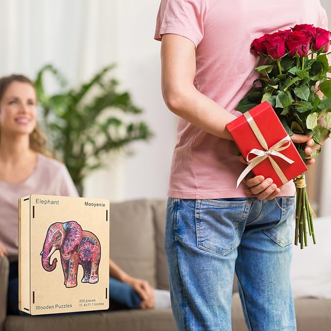Wooden Jigsaw Puzzle, 200 Pcs Unique 3D Shape Jigsaw Puzzles, Wood Puzzle Gift Box Packing, Medium Size Letter, Creative Gift for Adults and Kids, Fun Challenging (200PCS, Elephant)