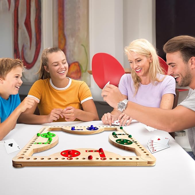Solid Wood Marbles and Jokers Board Game: Versatile Family Entertainment for 2-8 Players, Featuring Interlocking Game Boards, Multiple Colors, Marbles, and Card Decks Ideal for Parties and Game Nights