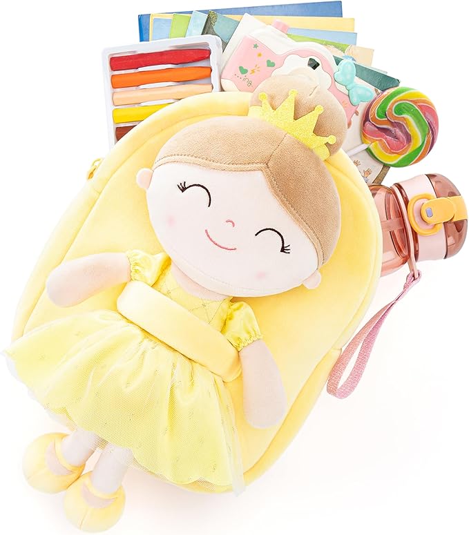 Gloveleya Back to School Gifts for Girls Toddler Backpack for Girls Kids Backpacks Soft Girl Toys Plush Baby Girl Gifts with Plush Princess Bella Doll Yellow 9"
