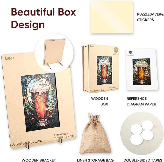 delobil Wooden Puzzles for Adults, 5MM Thick Beer Jigsaw Puzzle 200 Piece, Unique Shaped Wood Puzzle Birthday Gifts for Friends and Family Game10.9 * 7.3Inch
