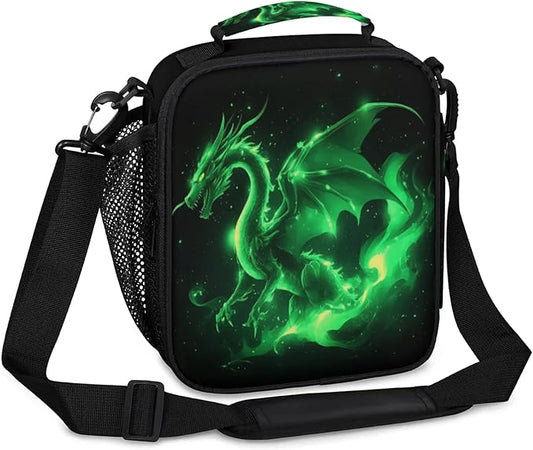 Green Dragon Lunchbox Boys Insulated Lunch Bag Reusable Portable Lunch box with Adjustable Shoulder Strap and Water Bottle Holder for Work School Travel