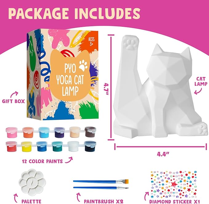 Paint Your Own Yoga Cat Lamp Kit, DIY Cat Crafts Night Light, Arts & Crafts for Kids Age 8-12, Art Supplies Painting Kit, Birthday Easter Party Holiday Gift for Teens Girls Boys Age 3 4 5 6 7 8+