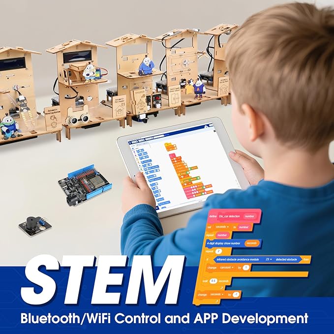 5-in-1 ESP32 STEM Kits for Kids Age 8-12, Wooden 3D Puzzle Toys Smart Home School Educational Science Building Kit for Students, Engineering Model Kits Birthday Gift Craft for Teen Boys Girls