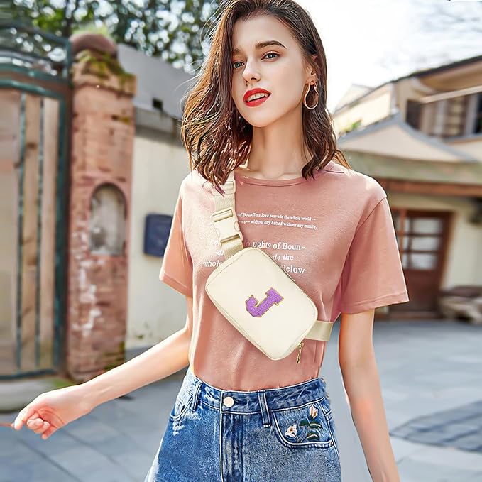 Gitus Gifts for 8 9 10 11 12 Year Old Girls Belt Bag Fanny Pack Crossbody Bags with Initial Letter Patch Cute Stuff Birthday Gifts for Teen Girls Women Personalized Trend Stuff (Ivory-J)