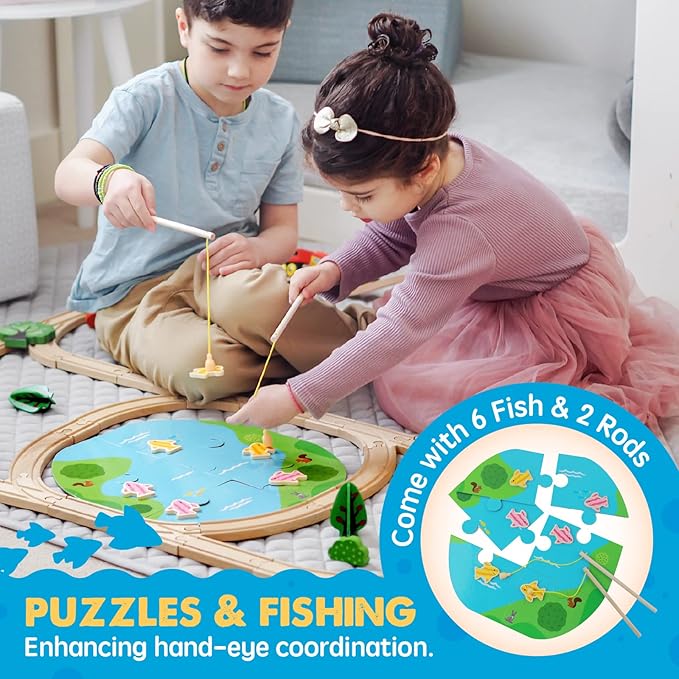 Tiny Land 110PCS Wooden Train Set – Toy Train with Tracks for Kids Ages 3-7, Compatible with Major Brands, Ideal Railway Playset for Boys and Girls, Great Birthday