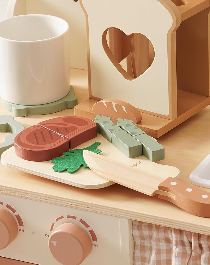 ROBUD 16pcs Kids Play Kitchen Knife Set - Wooden Cooking Playset, Montessori-Inspired Pretend Kitchen Toys for Toddlers, Role Play Gift for Boys and Girls