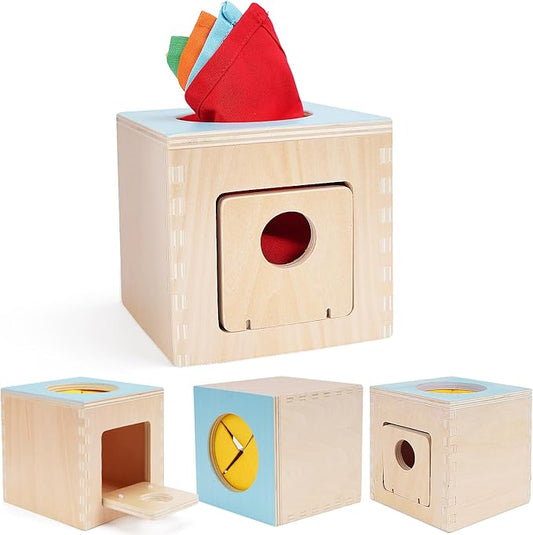 FCSONU Kids Toddler Toys, Montessori Baby Toys 0-6-12 Months, 1 Year Old Wooden Baby Tissue Box Toy for Educational Learning with Cloth Tissues, Boys & Girls Gifts for Birthday Christmas Children Day