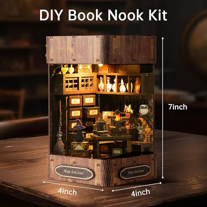 Book Nook Kit - DIY Enchanted Cottage Miniature House for Adults & Teens, 3D Wooden Puzzle Booknook with LED Lights, Bookshelf Insert Decor & Creative Model Building（Magic Bookstore）