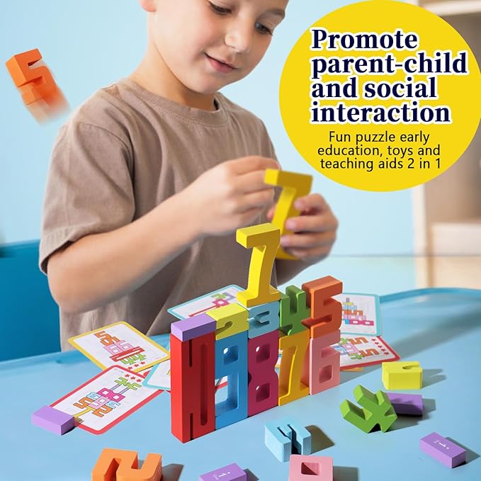 BESTAMTOY 20PCS Montessori Inspired Wooden Number Building Blocks-Wooden Blocks for 3+ Years Old Kids 1-10 Number Game Balance Competition Toy – Unlock Your Kids Potential