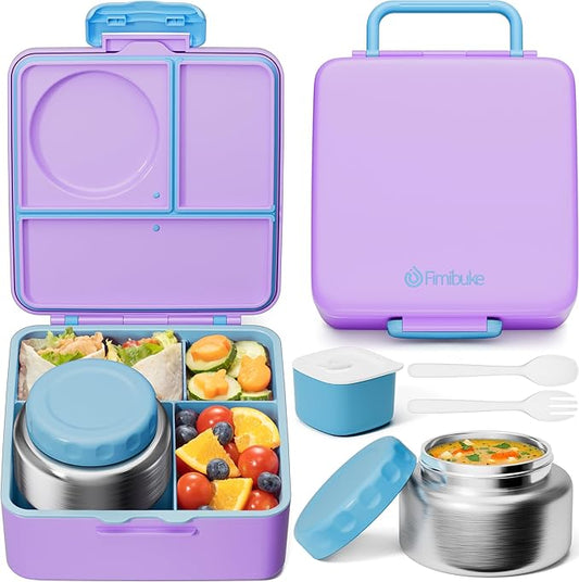 Fimibuke Bento Box for Kids Adult, BPA Free & Leakproof Toddler Lunch Box with 8.5oz Insulated Food Jar, Utensils & Sauce Jar, Dishwasher Safe 3 or 4 Compartment Container for School Girl Boy