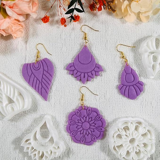 Polymer Clay Cutters Boho Earring Set – 4PCS Mandala Flower & Tribal Clay Cutters for Polymer Clay Jewelry, Clay Earring Cutters and Tools for DIY Craft Making