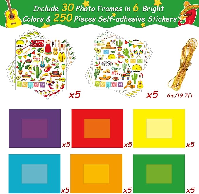 chiazllta 30 Packs Mexican Craft Kits for Kids Fiesta Party DIY Picture Frame Craft de Mayo Art Favor Home Classroom Game Activities for Festivals Carnivals