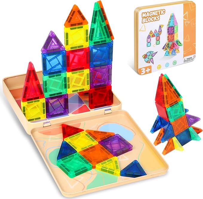 60 PCS Mini Magnetic Tiles, Travel Magnetic Tiles Magnetic Building Blocks with Iron Box, Portable Travel Toys for Kids Ages 4-8, STEM Learning Educational Construction Travel Toys for Toddlers 3+