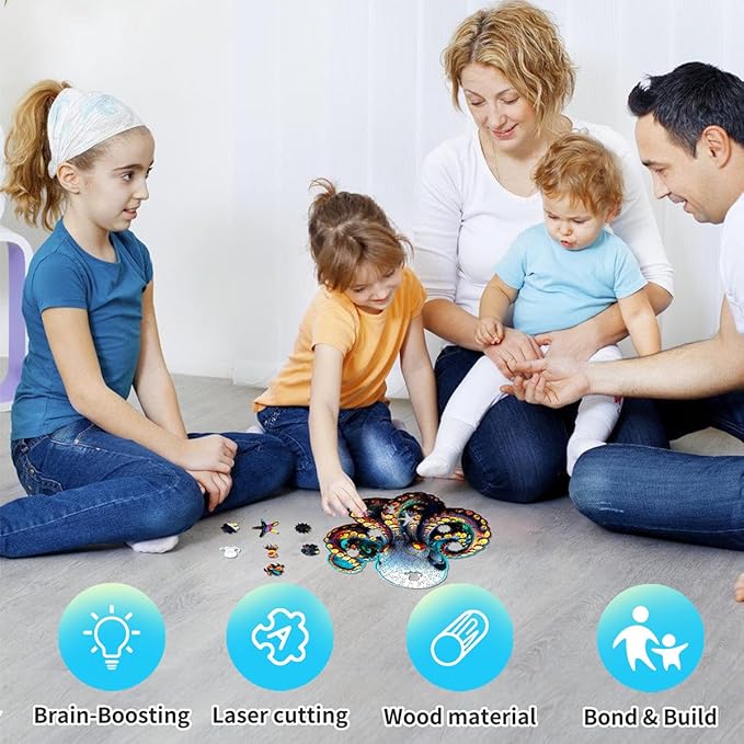 Wooden Jigsaw Puzzle, 200-500 Pieces Unique Shape Animal Puzzle, for Adults & Kids, Birthday Gift Family Game, Decorative Puzzle, Unique Gift (Techno Octopus, 200 PCS)