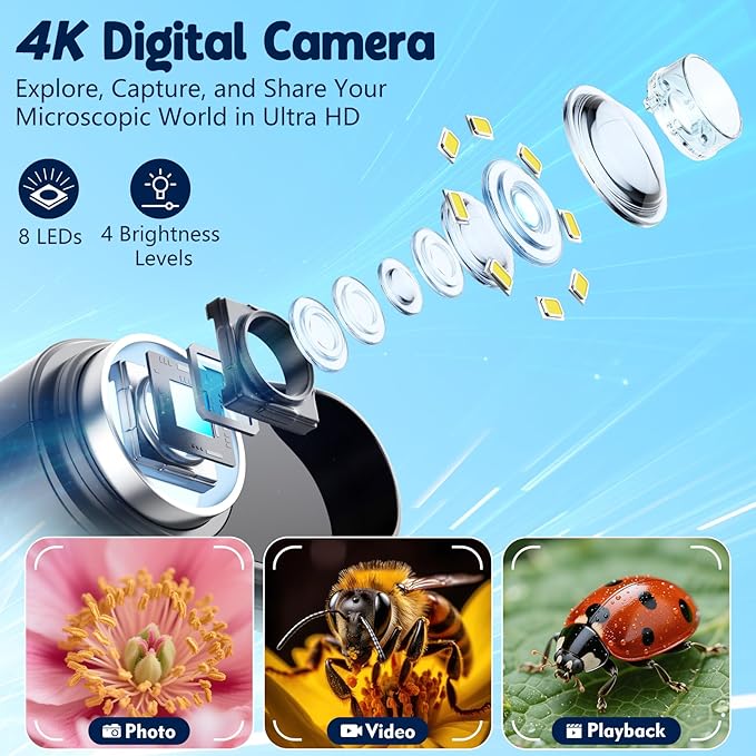 1000X Handheld Microscope for Kids, 4K 2.4" Screen Digital Kids Microscopes with 12 Slides, Portable Edu Toys Gifts for Age 3 4 5 6 7 8 9 10 11 12 Year Old Boys Girls Children Students(Orange)