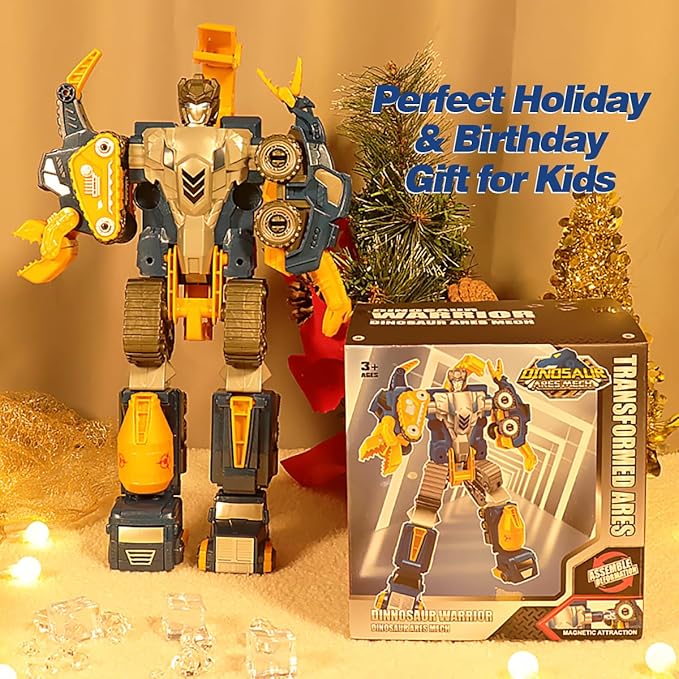 Construction Trucks Toy Dinosaur Vehicles Magnetic Set, 5-in-1 Educational STEM Building Car Kit, Transform to Big Robot, Holiday Birthday Present for Toddler Kid 3 4 5 6 7 Year Old Boys Girls