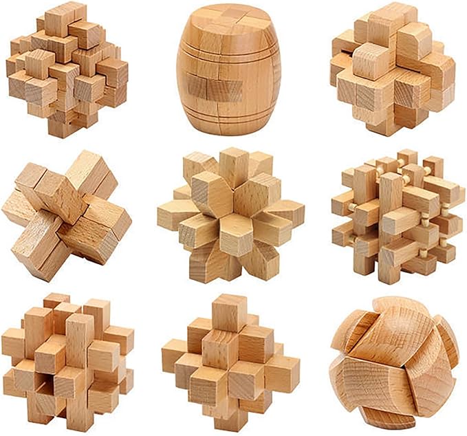 FantasyDay 9pcs Wooden Brain Teaser Puzzles, Interlocking Games for IQ Test, Intellectual 3D Assembling Educational Toy Set for Teens and Adults(9 Puzzle Set#C03)